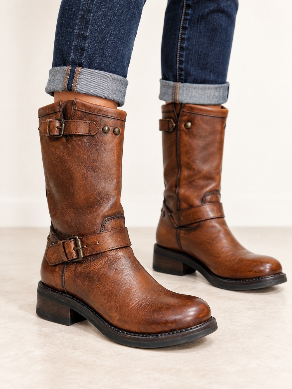 ZIGI Girl Tryst Brown Distressed Leather Engineer Moto Biker Boots 8M Boho